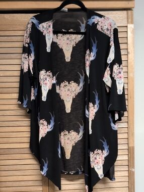 Black Floral Steer Skull Kimono Cardigan